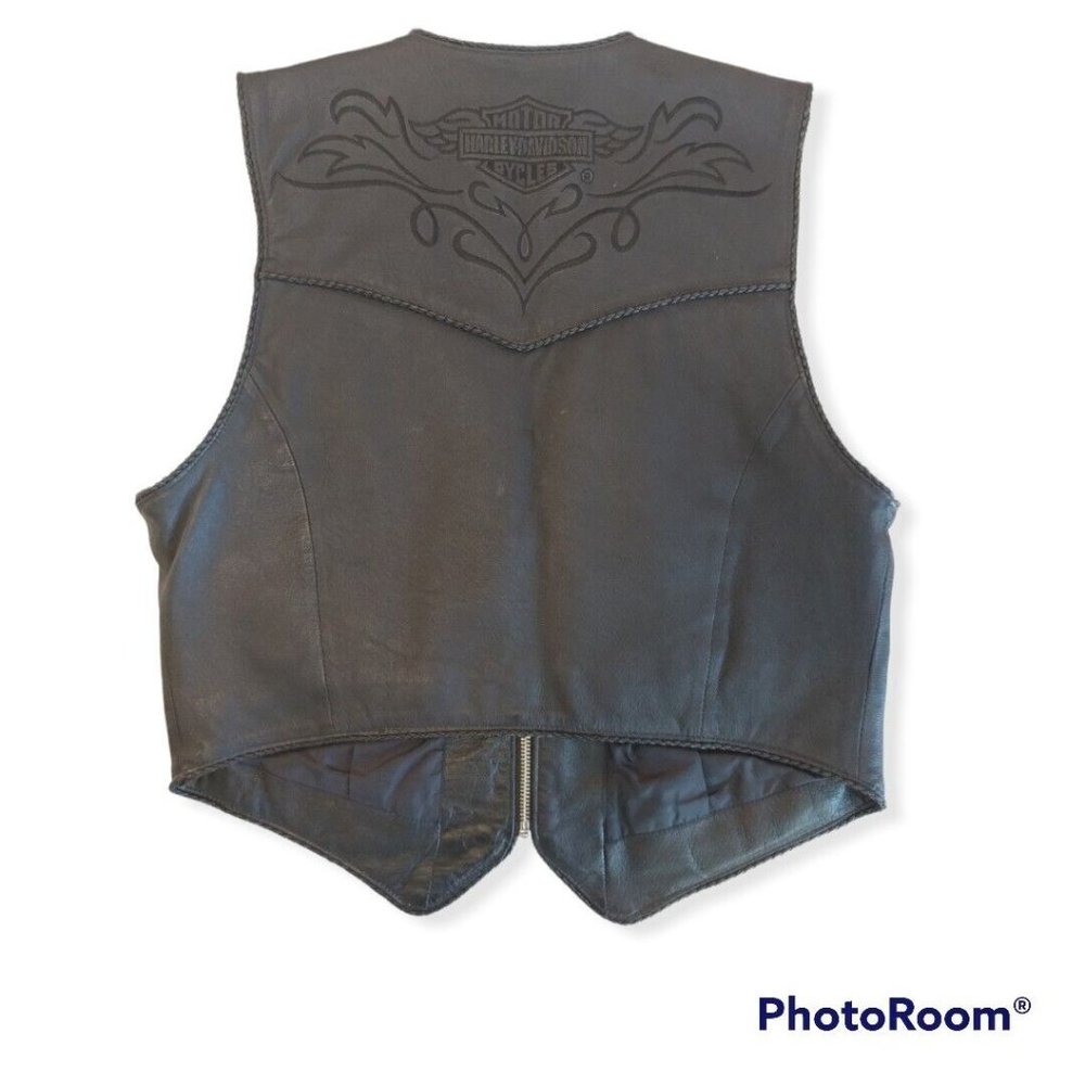 Women's Large L Harley-Davidson Leather Vest Braided Leather Edges Embroidered
